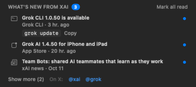 What's new from xAI: app updates and a Grok CLI update with a copyable 'grok update' command