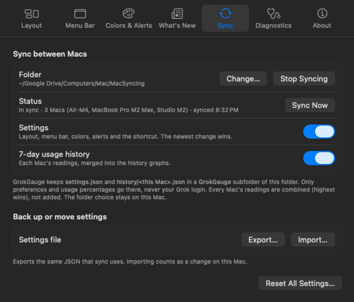 The Sync tab: one folder, a status line reading In sync, 3 Macs, synced, one Sync Now button, and switches for Settings and 7-day usage history