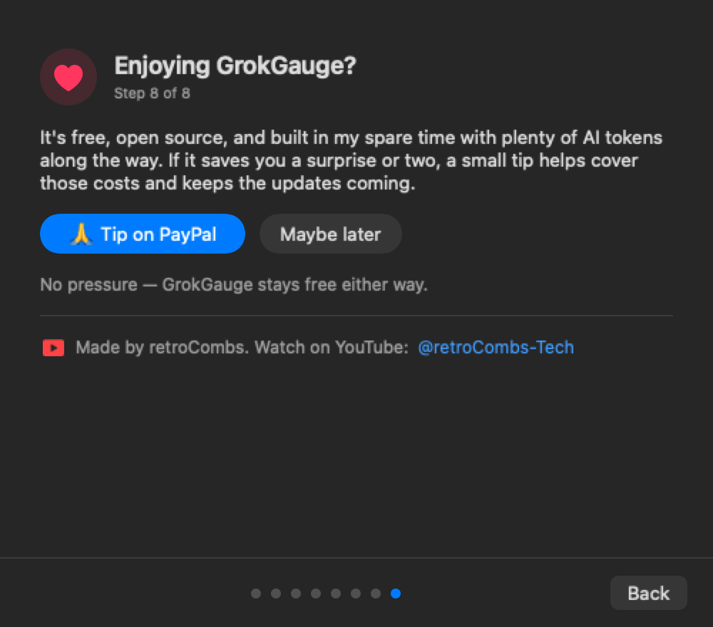 Enjoying GrokGauge? An optional Tip on PayPal button and a Maybe later button